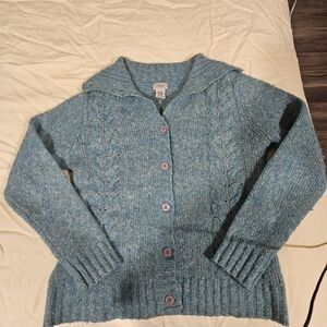 L.L. Bean Teal Light Blue Cable Knit Cardigan Sweater